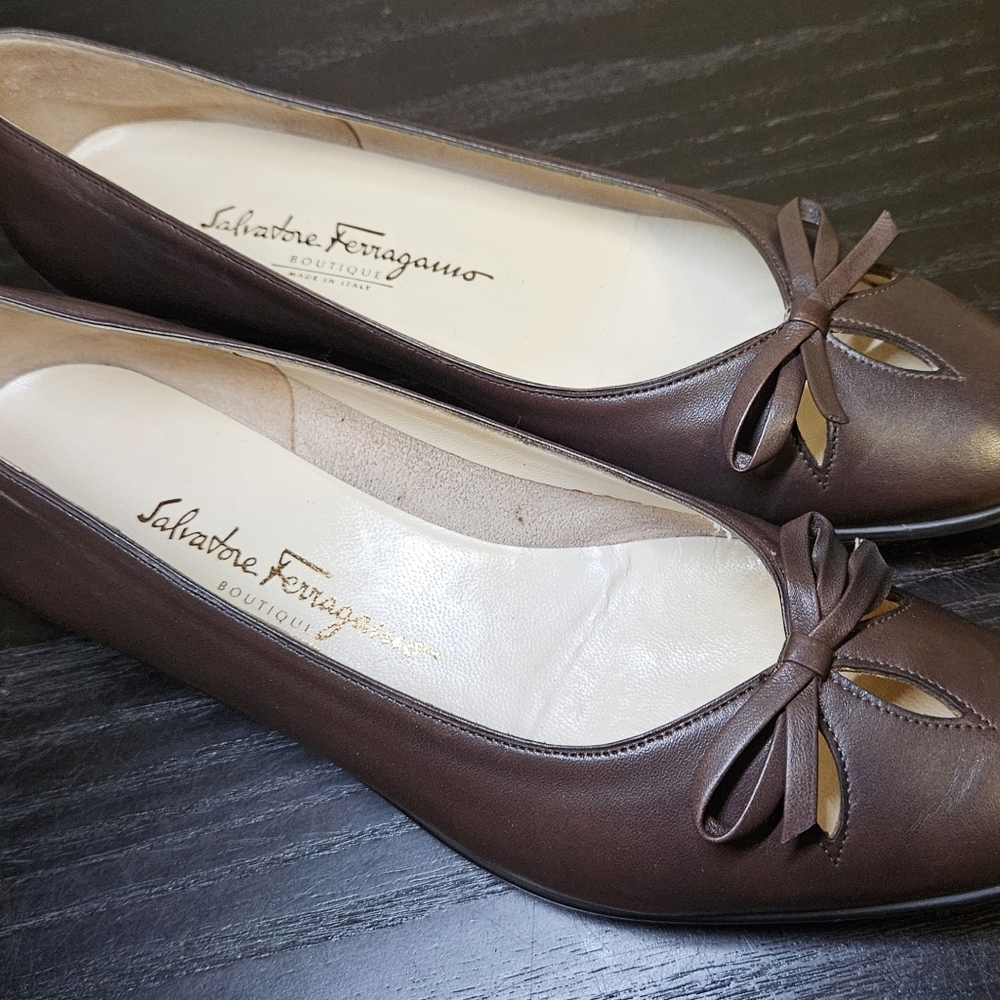 Salvatore Ferragamo Brown Flats with Bow, Size 8 B ,
